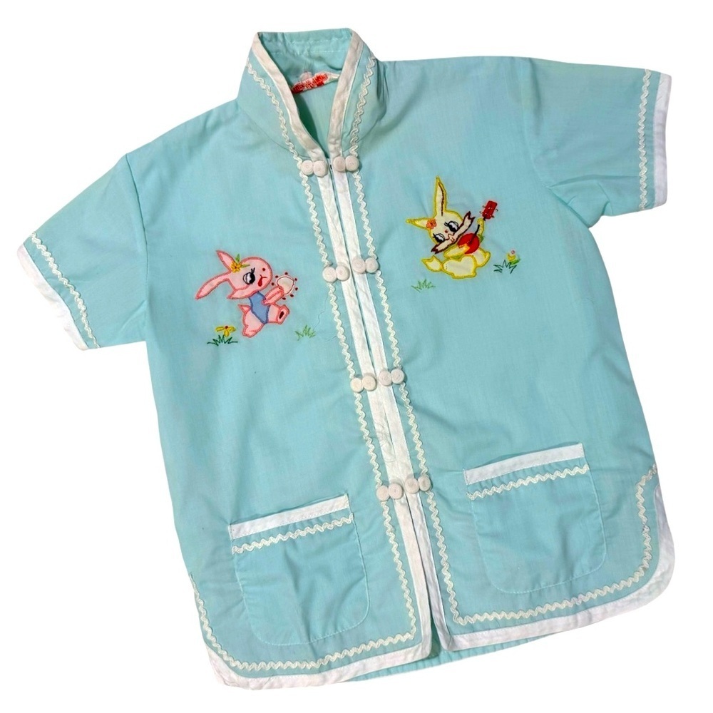 Vintage Plum Blossom Bunny Shirt Size 4 Embroidered Animals Retro Chinese